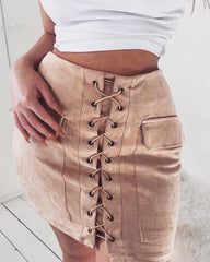 Lace Up Faux Suede Skirt