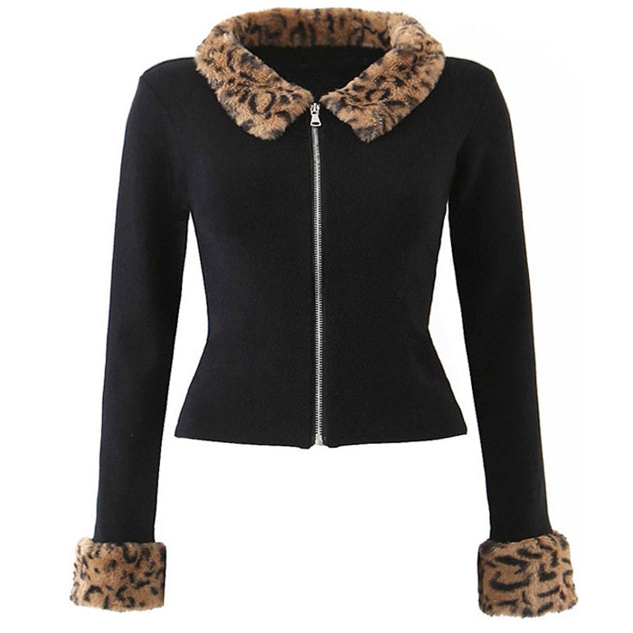 Leopard Trim Zip Up Cardigan