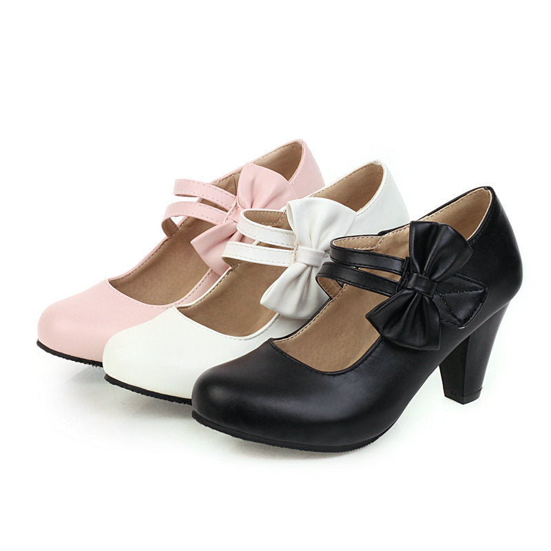 Comfort  Heel Bowknot Strap Round Toe Pumps Shoes