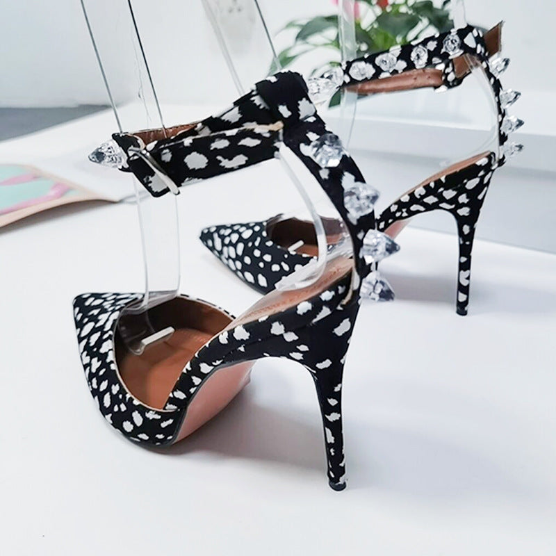 Satin Rhinestone High Heels - Pointed Toe