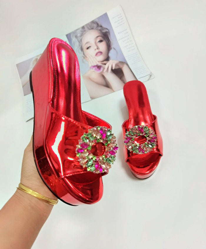 Red Rhinestone Open-Toe Diamond Platform Wedges