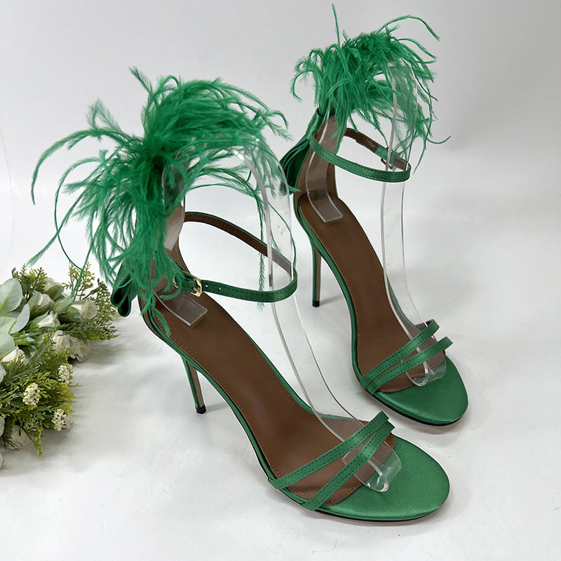 Feather Bow High Heels - Green