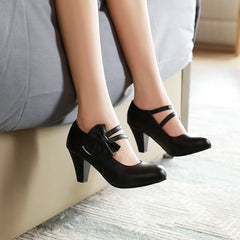 Comfort  Heel Bowknot Strap Round Toe Pumps Shoes