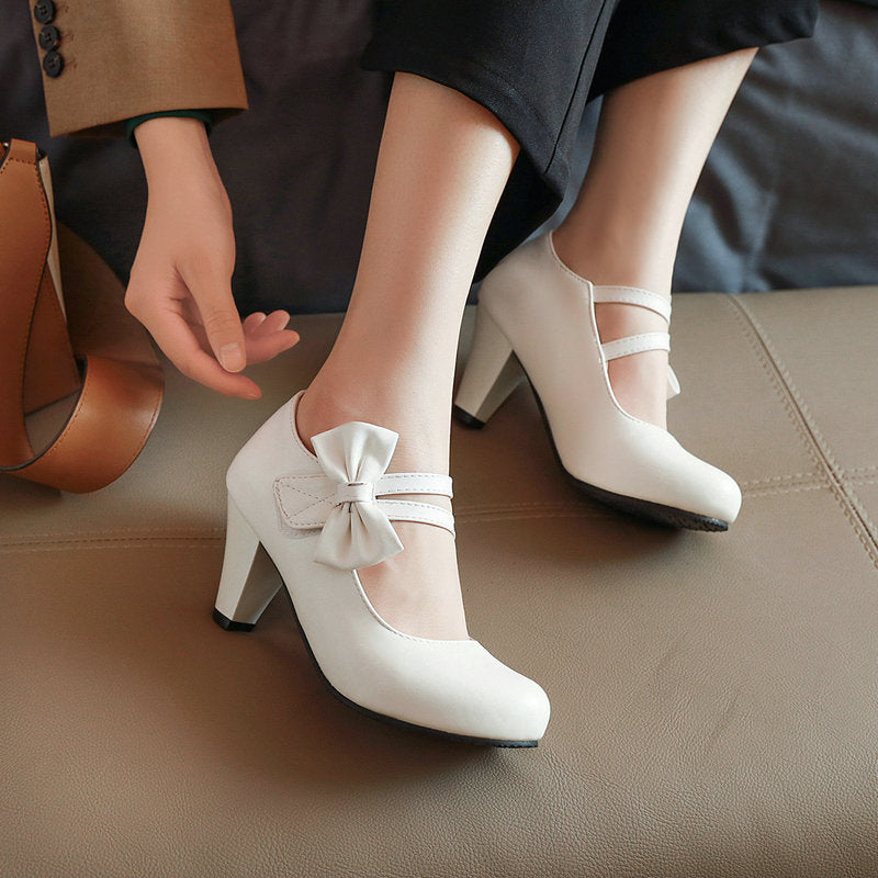 Comfort  Heel Bowknot Strap Round Toe Pumps Shoes