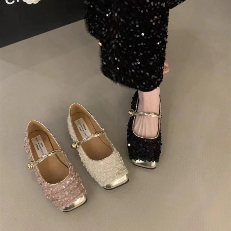 Sequined Square Toe Mary Jane Flats