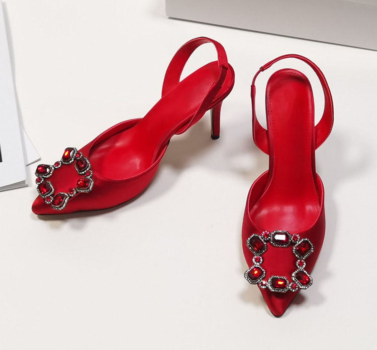 Red Satin Slingback Pumps With Stiletto Heels