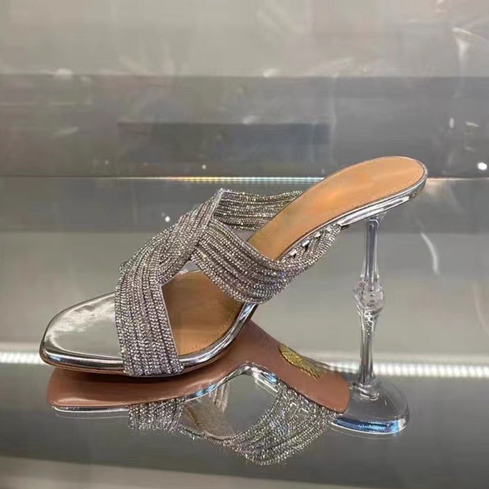 Sandalias de tacón alto transparentes con punta cuadrada y diamantes de imitación