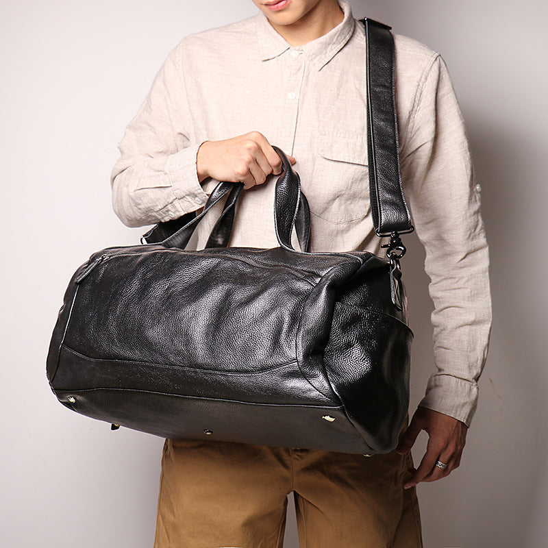 Black Leather Traveling Duffle Bag