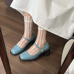 Chunky Heel Square Toe Leather Shoes