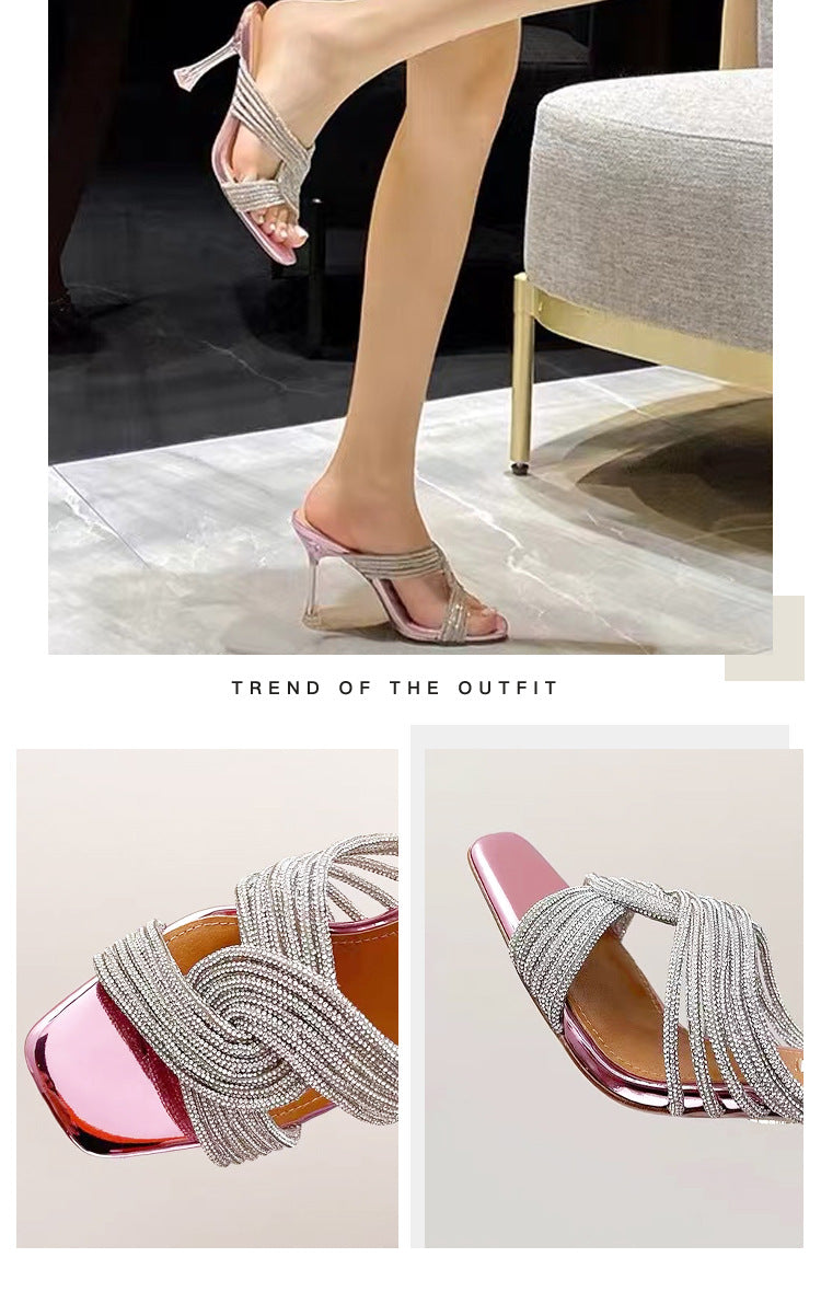 Square Toe Rhinestone Transparent High Heel Sandals