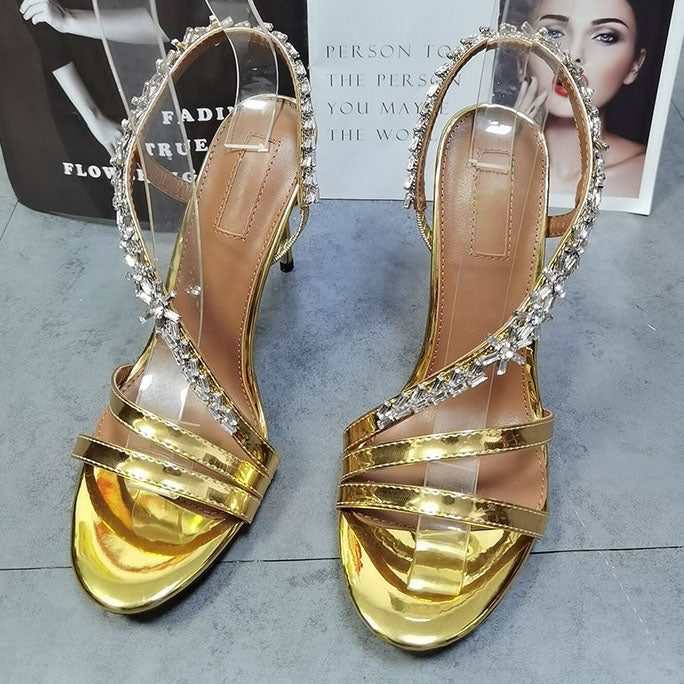 Metallic Leather Crystal-Embellished Slingback Sandals