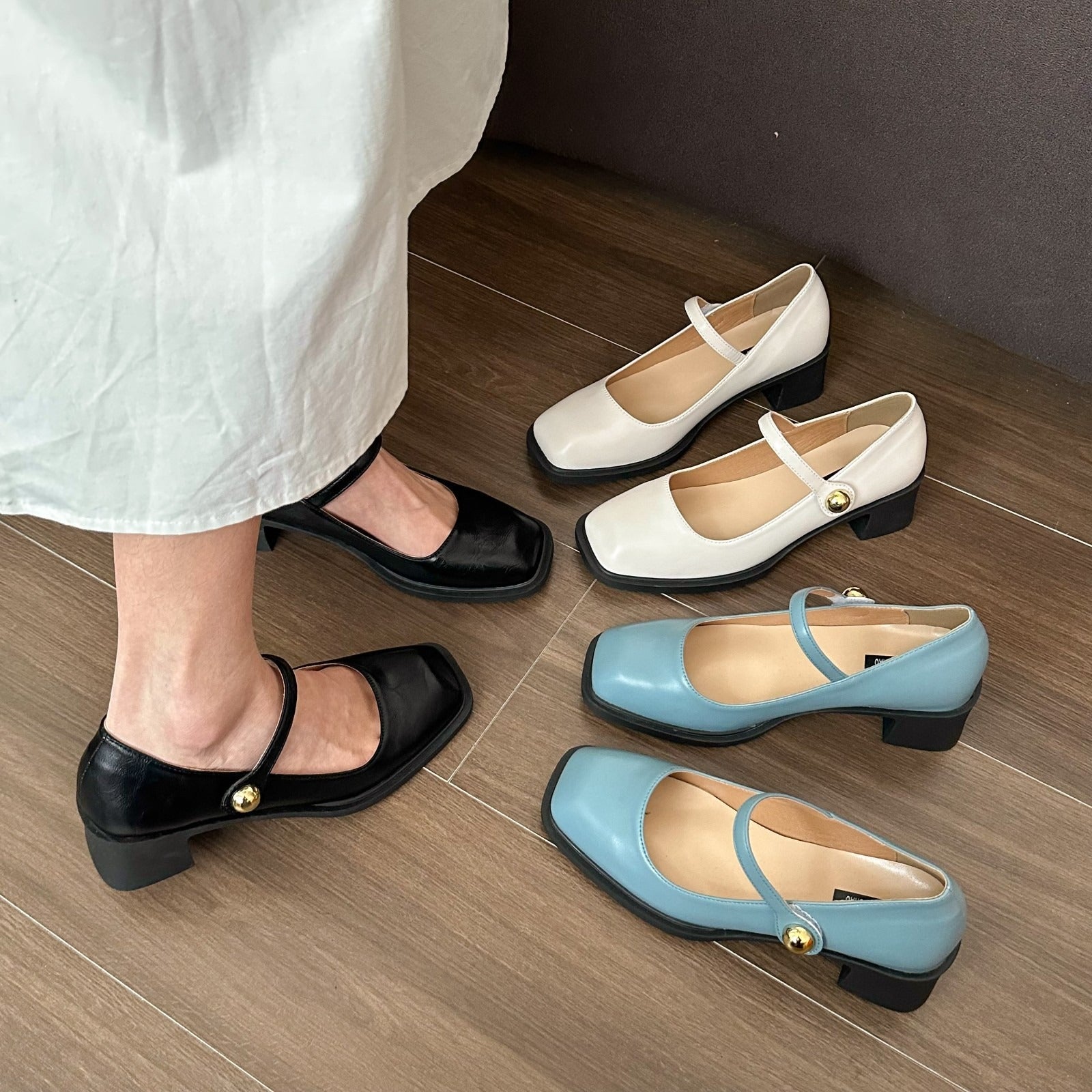 Chunky Heel Square Toe Leather Shoes