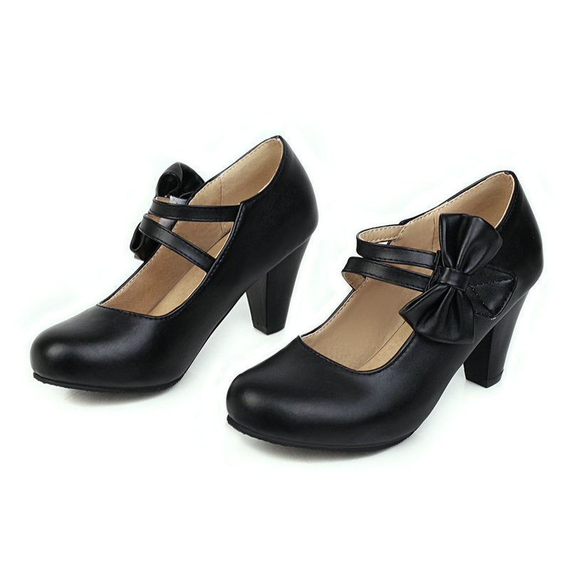 Comfort  Heel Bowknot Strap Round Toe Pumps Shoes