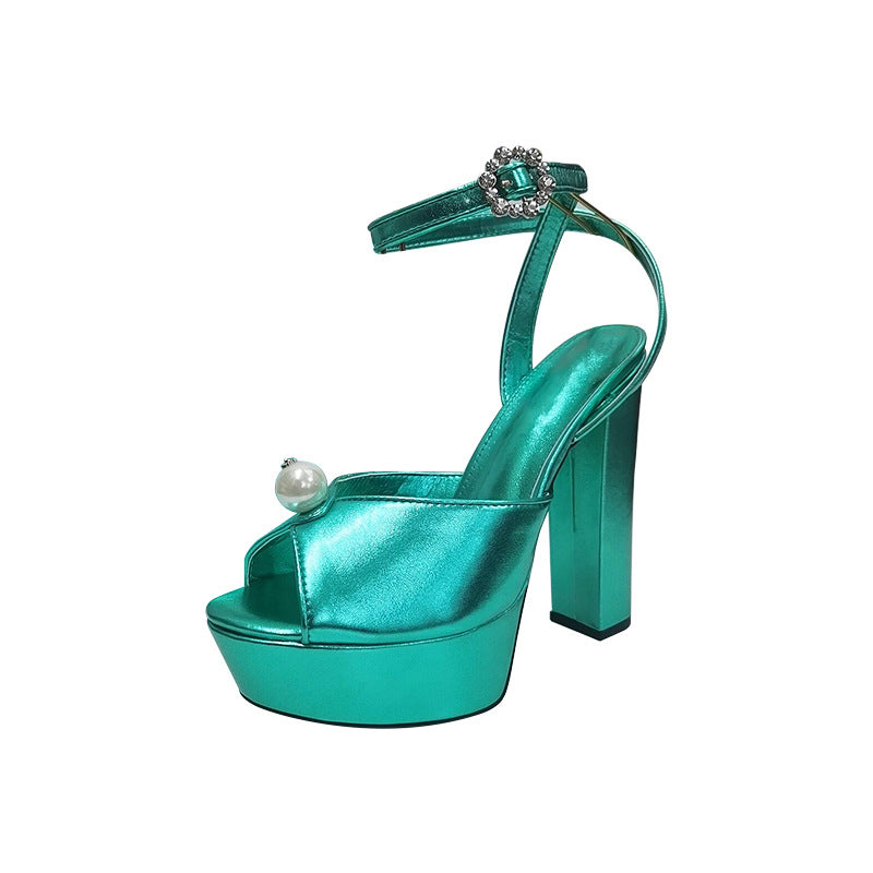 Bright Leather Thick Heel Open Toe Pearl Mirror Solid Color One-Buckle High Heels