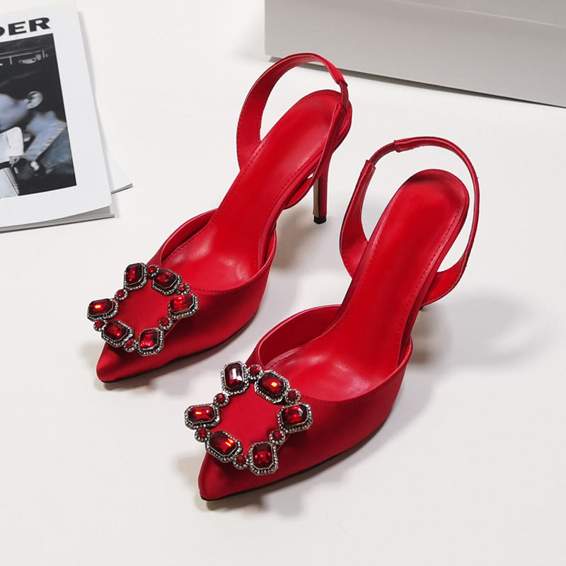 Red Satin Slingback Pumps With Stiletto Heels