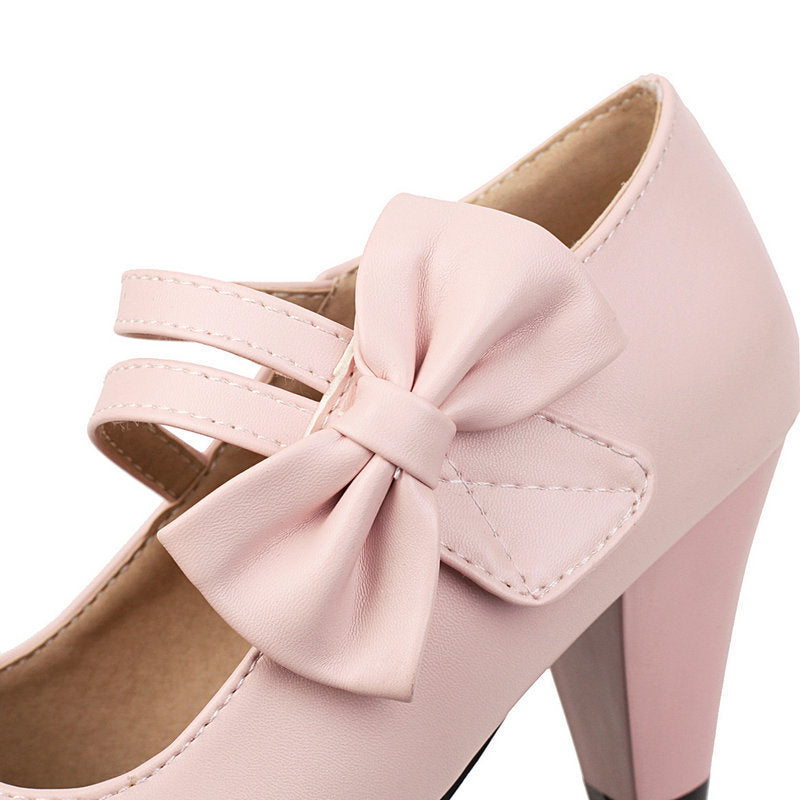 Comfort  Heel Bowknot Strap Round Toe Pumps Shoes