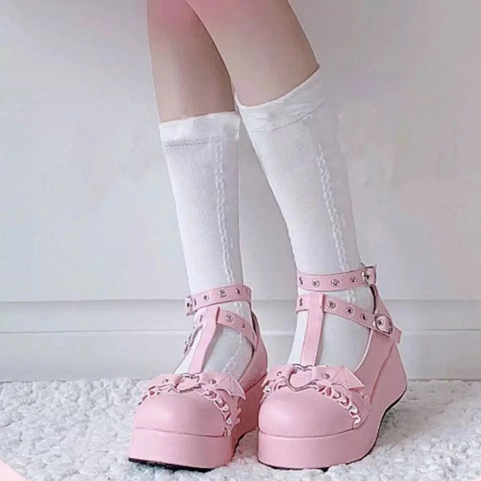 T-Strap Heart Buckle Wedges Mary  High Heels
