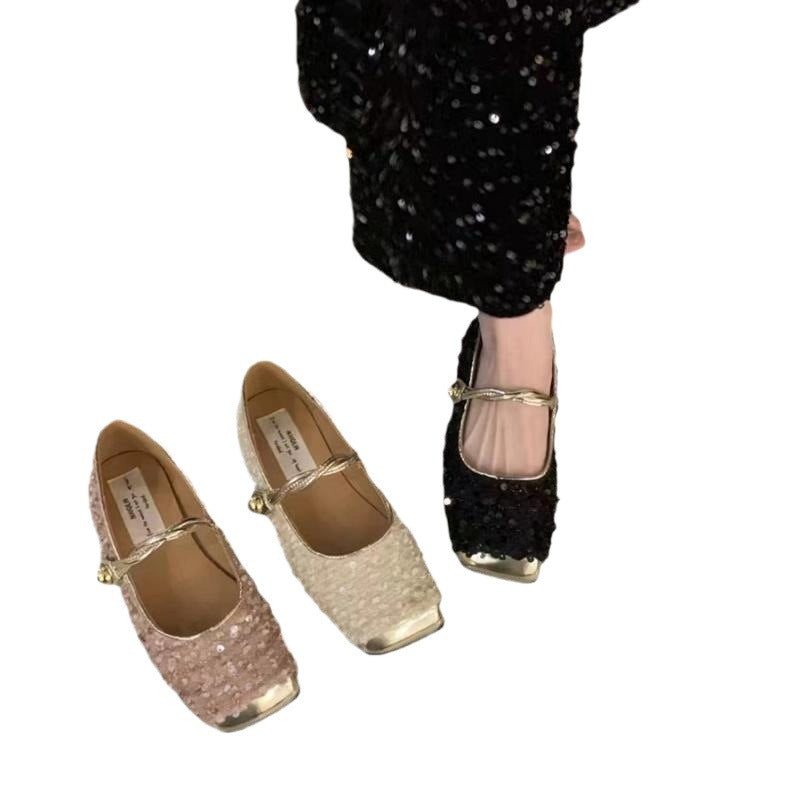 Sequined Square Toe Mary Jane Flats