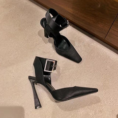 Black Square-Toed Stiletto Satin Shoes