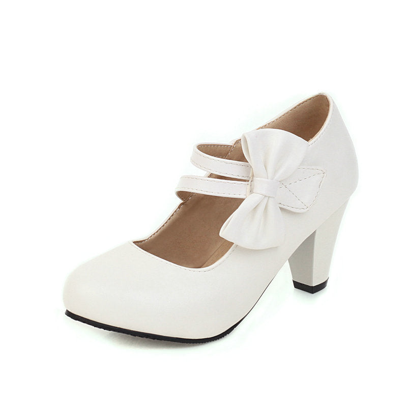 Comfort  Heel Bowknot Strap Round Toe Pumps Shoes