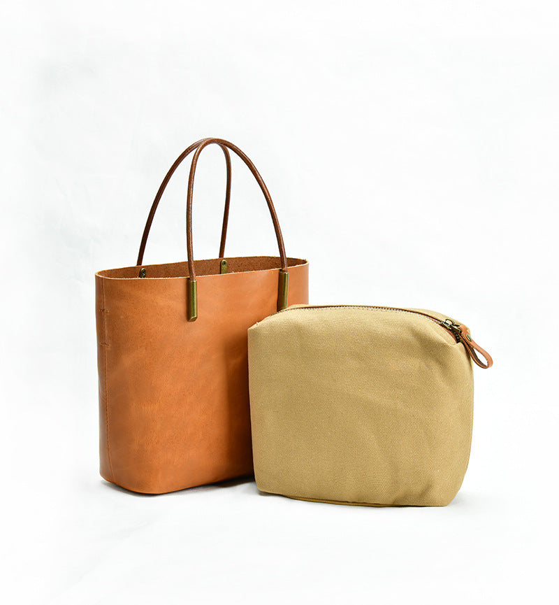 Simple Style Vege Tanned Leather Tote Handbags