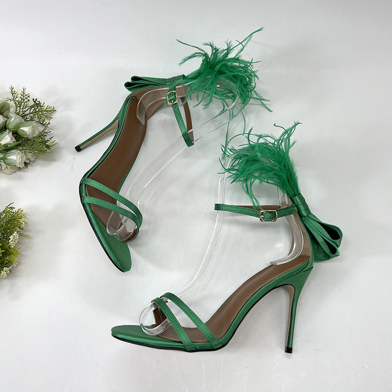 Feather Bow High Heels - Green