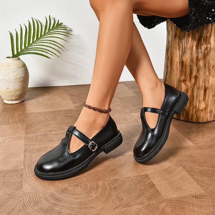British Style Leather Flat Thick Heels