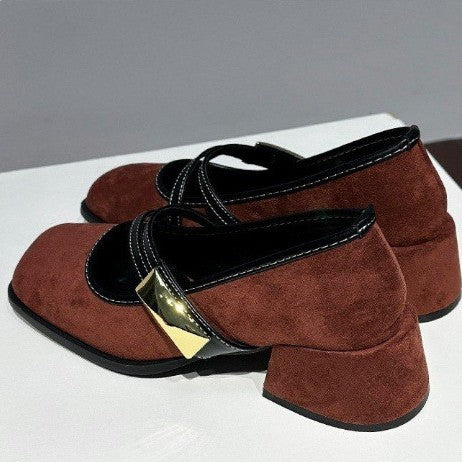 Chunky Heel Square Toe Shallow Leather Shoes