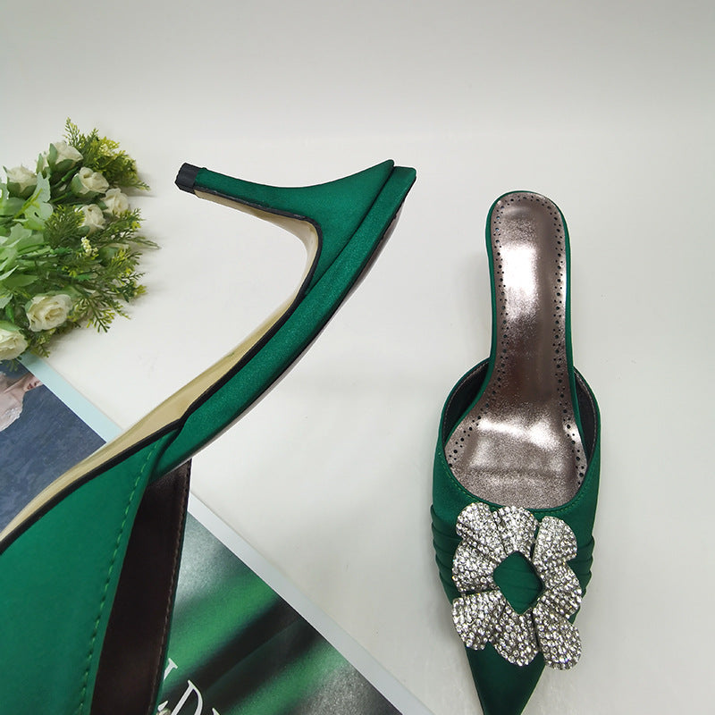 Rhinestone Flower Embellished Sandals - Green