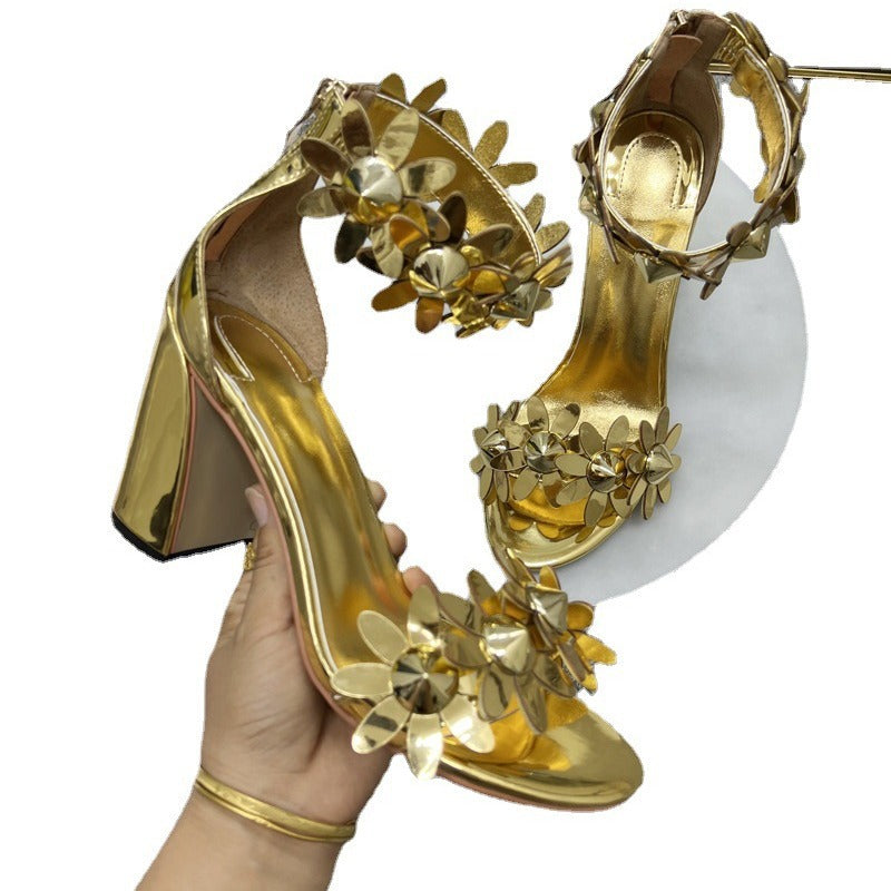 Gold Block Heel Patent Leather Sandals