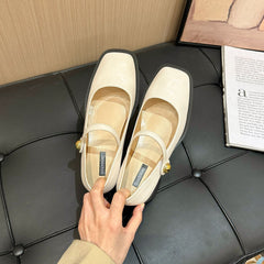 Chunky Heel Square Toe Leather Shoes
