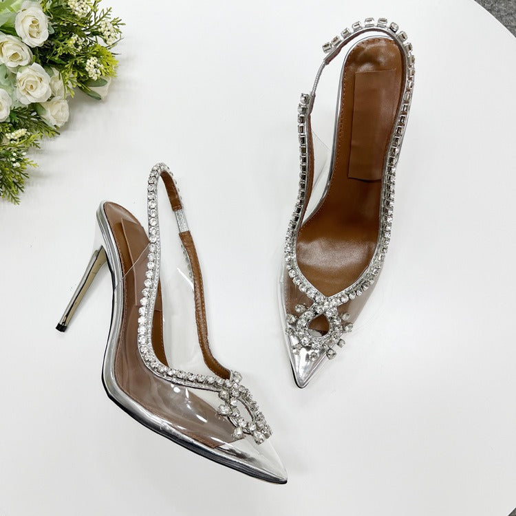 Rhinestone Pointed Toe Hollow Transparent High Heels