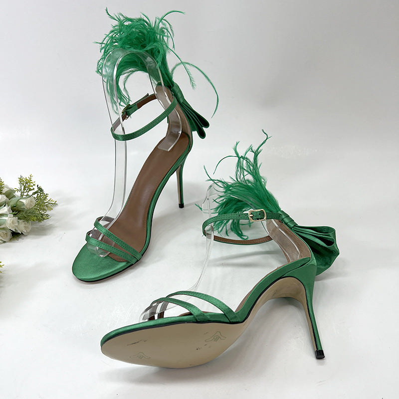 Feather Bow High Heels - Green