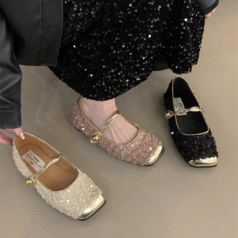 Sequined Square Toe Mary Jane Flats