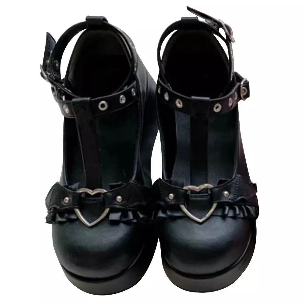 T-Strap Heart Buckle Wedges Mary  High Heels