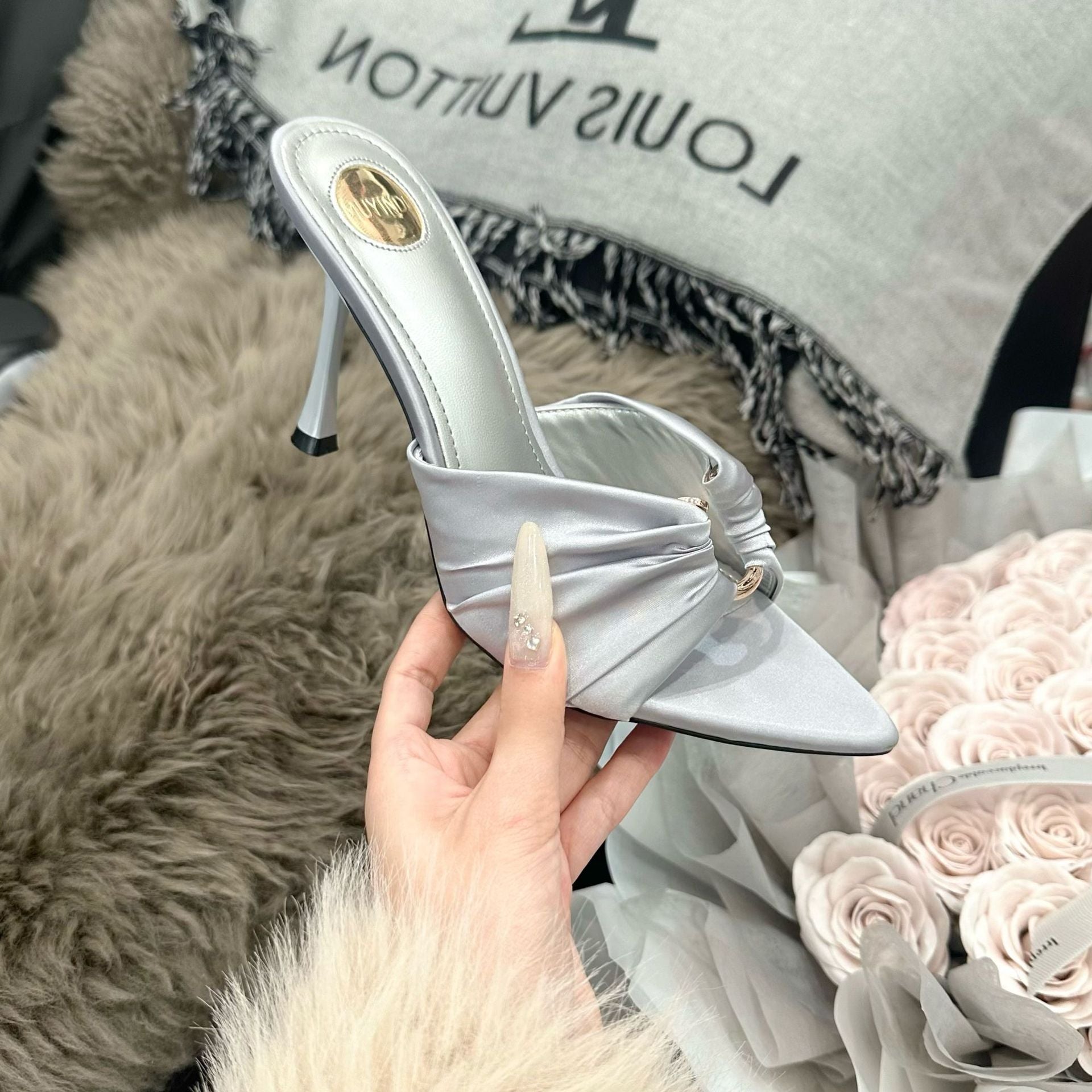 Open-Toe Pointed Satin High Heels