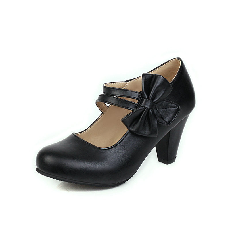 Comfort  Heel Bowknot Strap Round Toe Pumps Shoes