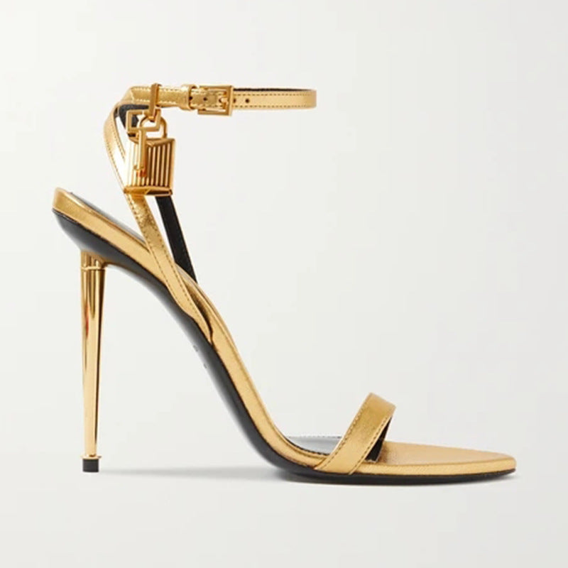 Narrow Strap Metal Ankle Sandals - Gold