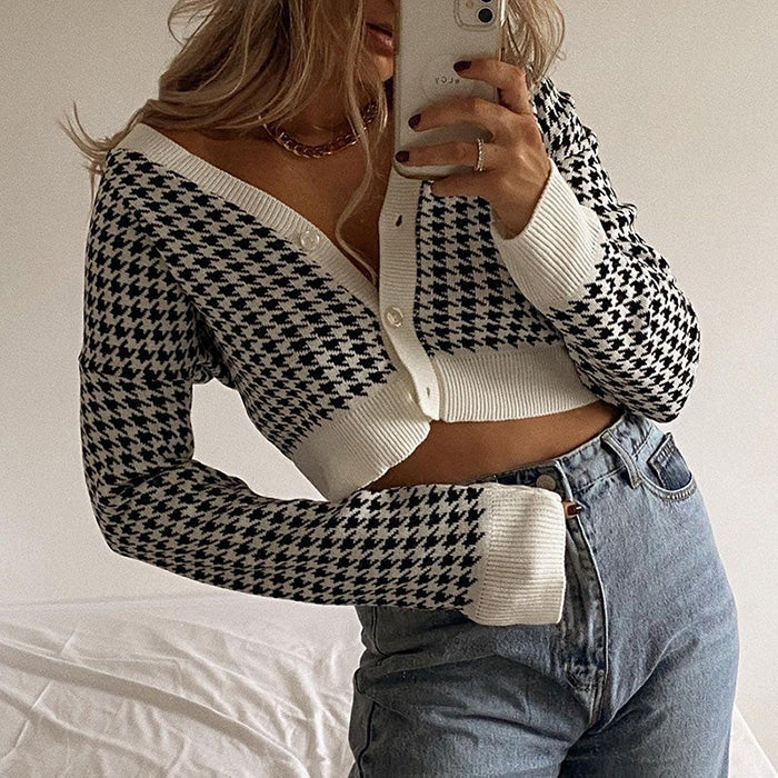 Dogtooth Check Crop Cardigan