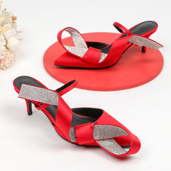 Round Toe Rhinestone Strap Stiletto High Heels - Red