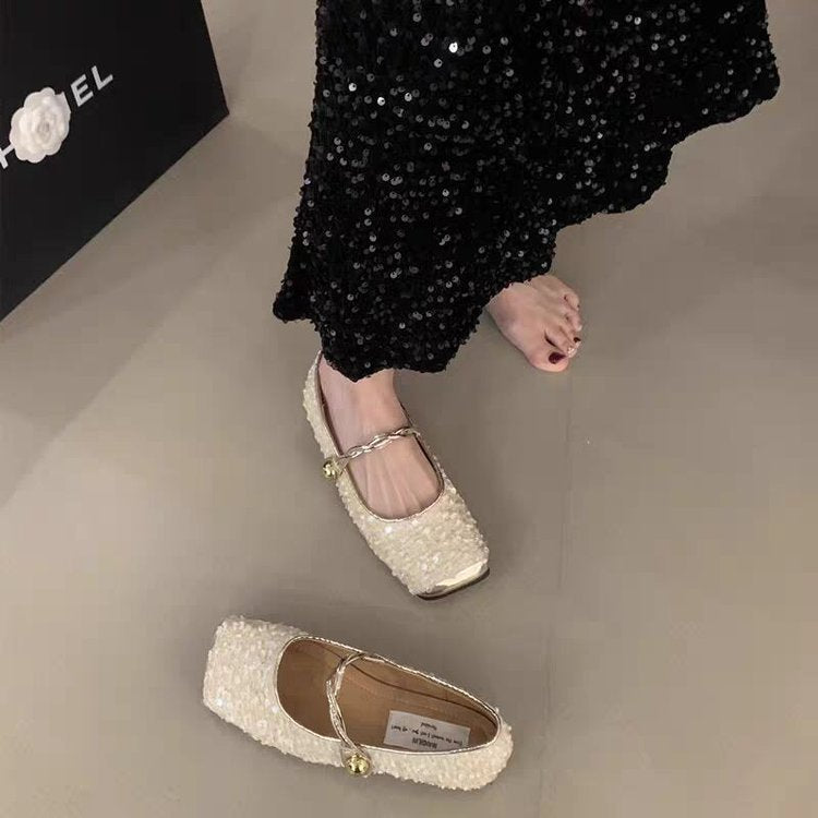 Sequined Square Toe Mary Jane Flats
