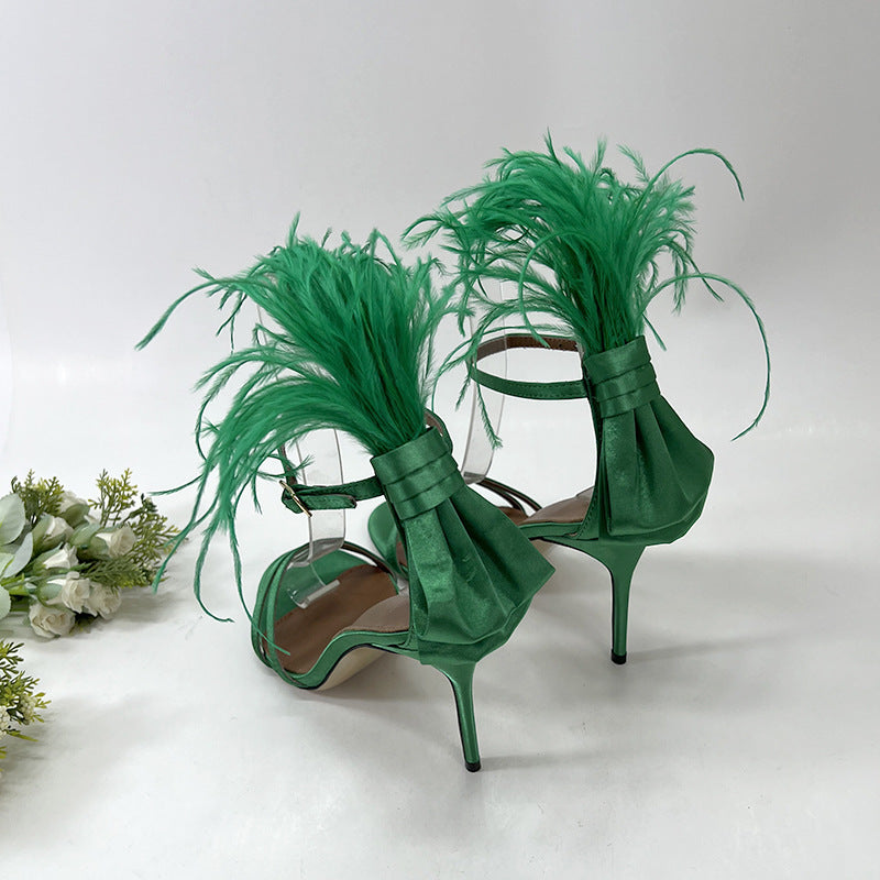 Feather Bow High Heels - Green