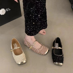 Sequined Square Toe Mary Jane Flats