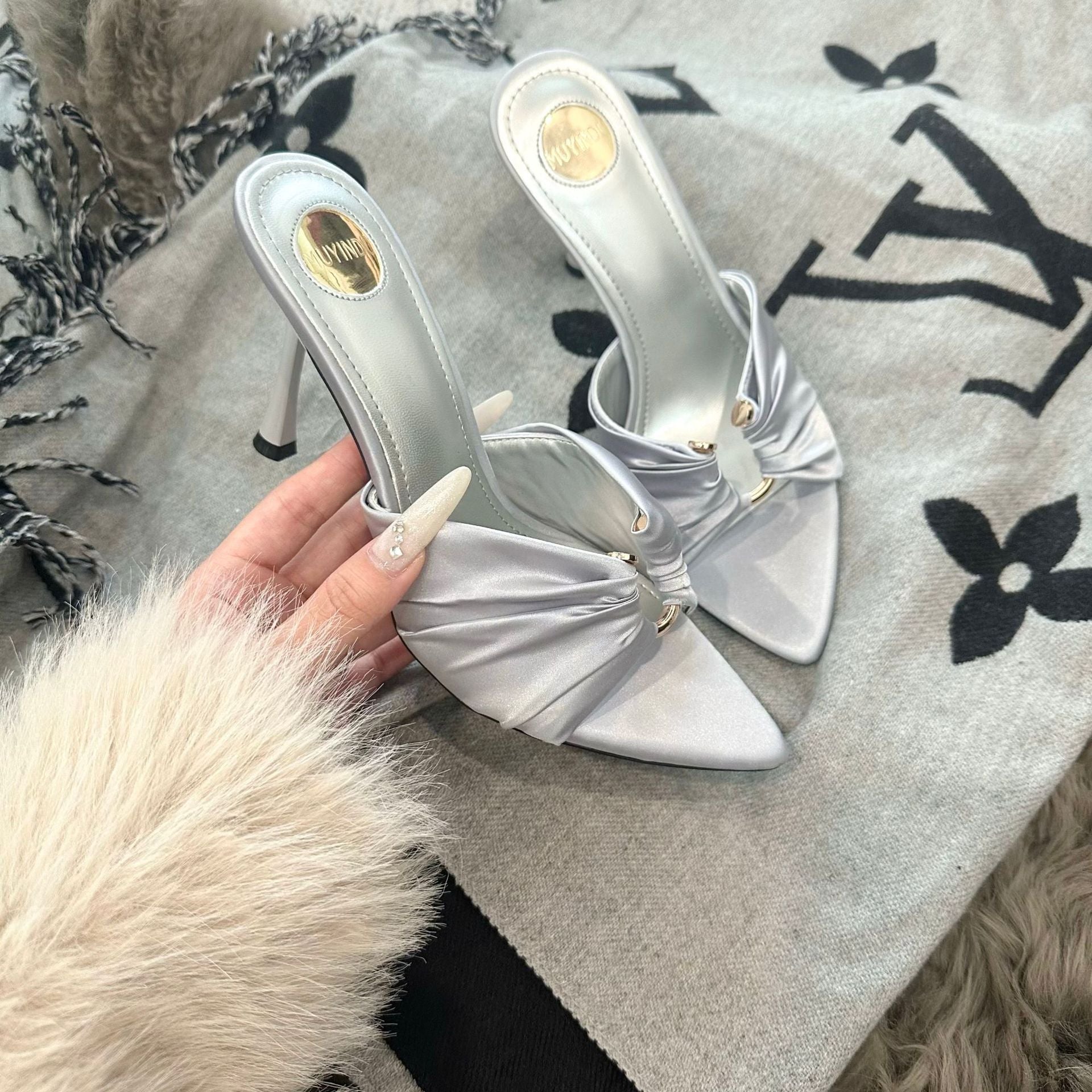 Open-Toe Pointed Satin High Heels