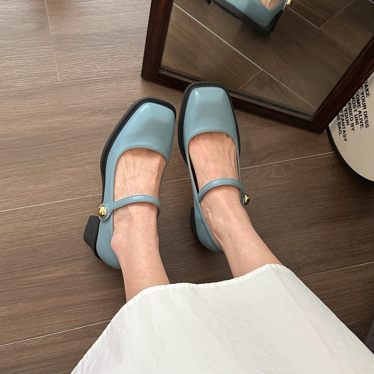Chunky Heel Square Toe Leather Shoes