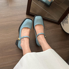 Chunky Heel Square Toe Leather Shoes