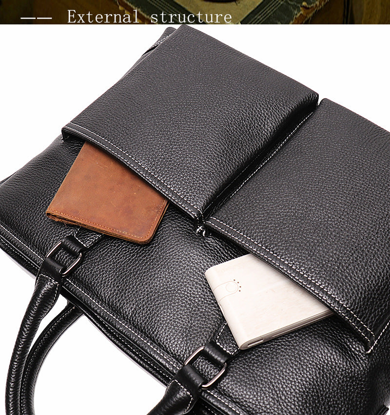 Black Cowhide Leather Business Computer Bag