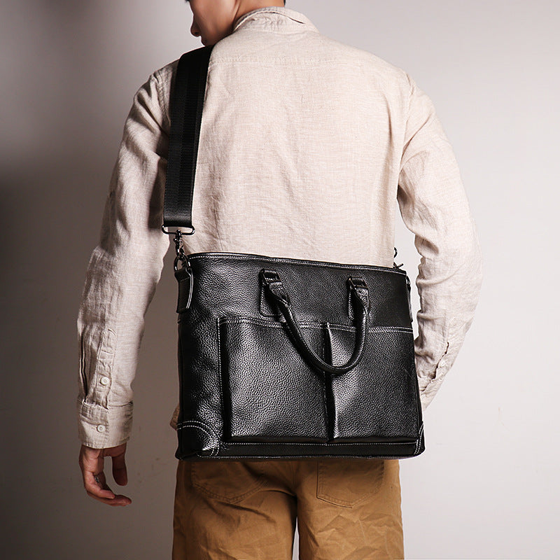 Black Cowhide Leather Business Computer Bag