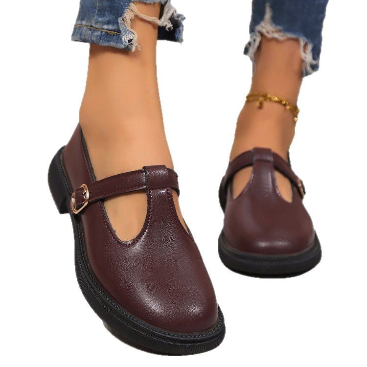 British Style Leather Flat Thick Heels