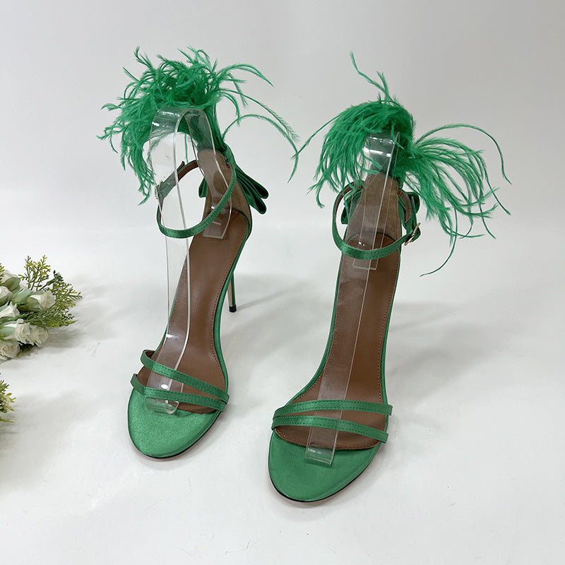 Feather Bow High Heels - Green